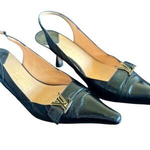 Louis Vuitton Black Leather Slingback Pumps Gold LV Logo Detail Box 39EU 8.5 US